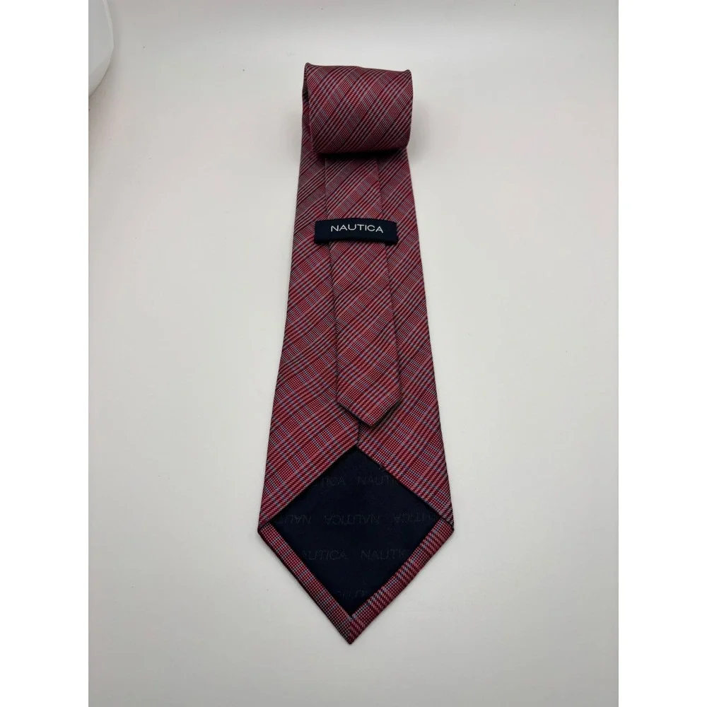 Nautica Mens Red Blue Plaid Textured Silk Blend Necktie Formal Business Tie